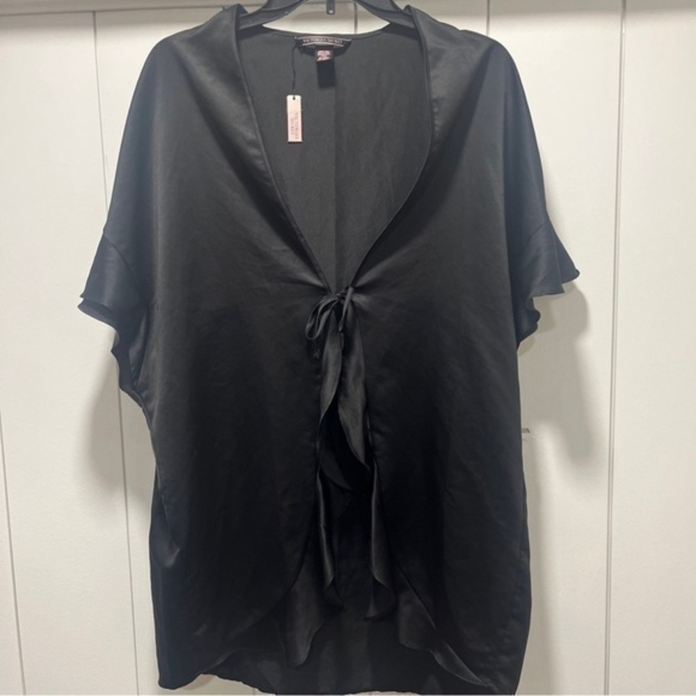 Victoria's Secret Black Satin “LOVE” Bed Jacket Robe Cover-Up One-Size